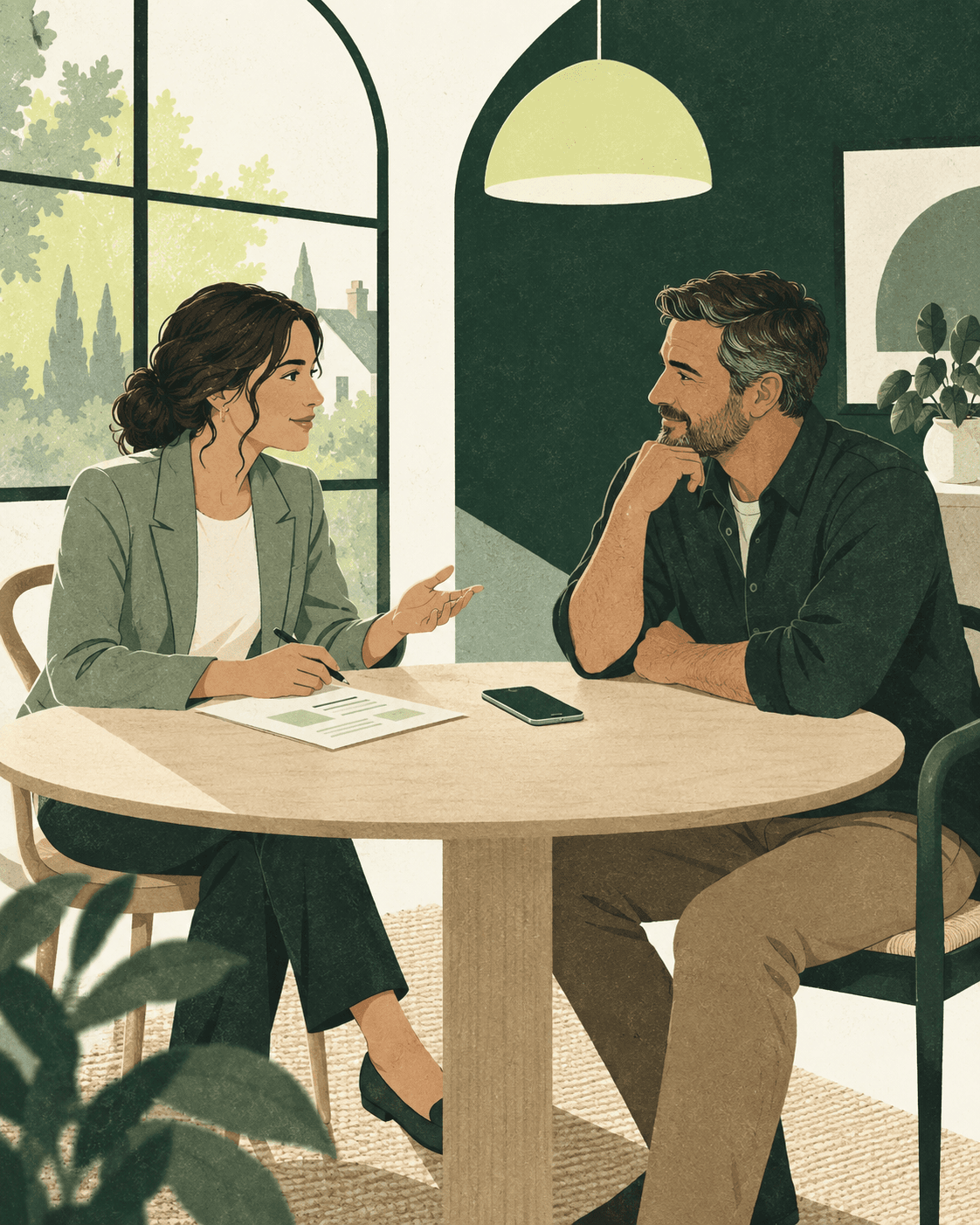 An adviser and a homeowner talking at a kitchen table, with a phone recording their conversation.
